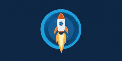 Aufkleber - Space rocket launch in a blue circle with stripes depicted in 3D cartoon rendering