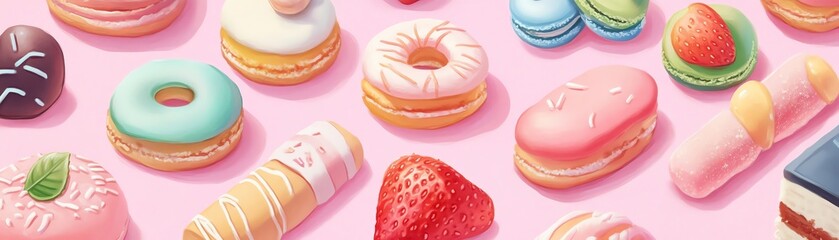 Colorful assortment of desserts featuring macarons, donuts, and candies on a pastel pink background.