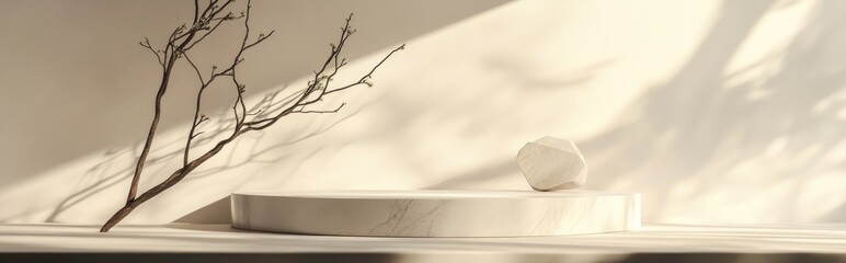 Aufkleber - Premium podium on a soft background for product showcase featuring an abstract geometric arrangement with a branch and shadow on the wall 3D render Mockup for showcases and promotional purposes