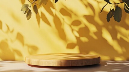Poster - Yellow wooden podium in a minimalist setting featuring leaf shadows Ideal background for product presentation 3D rendering illustration