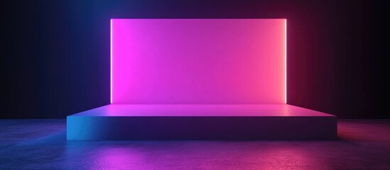 Poster - Blank product display with neon lights in a dark room background 3D rendering illustration
