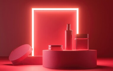 Poster - Geometric design of a red podium displaying cosmetic products 3D rendering
