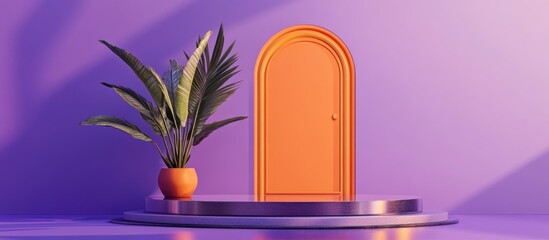 Poster - Peach Fuzz is the trend color for 2024 featuring an abstract podium with a door sunshade and tropical plant pot The stage display on a glass pedestal is set against a purple background showcasing a