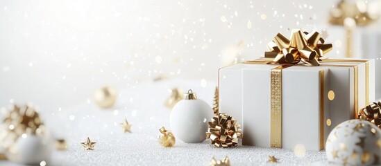 Poster - White and Gold Christmas Gift Box Unveiled with Toys Contemporary Design Blank Background Holiday Theme 3D Rendering