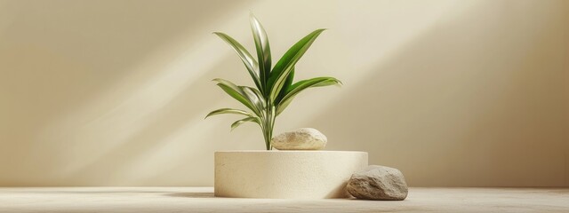 Poster - Minimalist 3D display podium featuring a green plant and stones set against a beige background Abstract rendering for product promotion