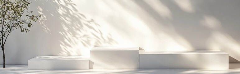 Poster - Empty white square pedestals casting sunlit shadows wall shelves Ideal for product presentations and interior design 3D render illustration