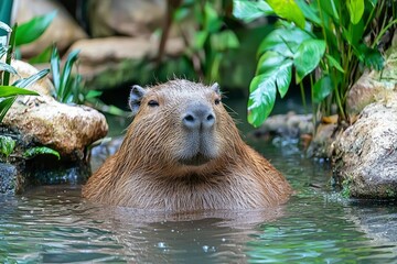 Wall Mural - Capybara Emerging from Water with Lush Greenery