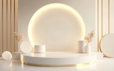Fototapete - Abstract background featuring simple geometric shapes in white and gold designed with a podium for cosmetic product display and promotional presentation Ample blank space available 3D render illus