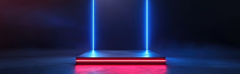 Aufkleber - Square pedestal with blue neon lights on a gray background 3D rendering