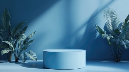 Poster - Monochromatic blue scene featuring a cylindrical podium for product display with plants in the background 3D render