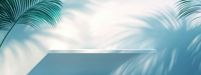 Poster - Minimalist white wall featuring a glass shelf for showcasing products An empty space with palm leaf shadows 3D rendered background with ample copy space