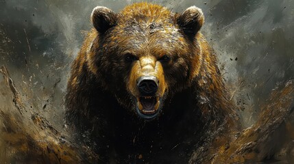 Wall Mural - majestic grizzly bear illustration detailed fur texture fierce expression wilderness backdrop earthy color palette