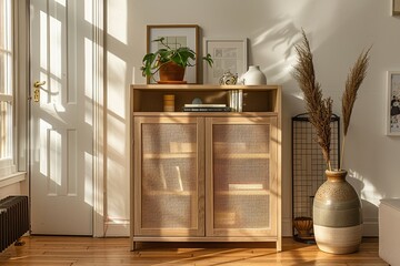 Scandinavian-style bookcase with rattan doors in an office setting, featuring light wood, two shelves, and modern design elements, with stylish furniture and natural lighting.