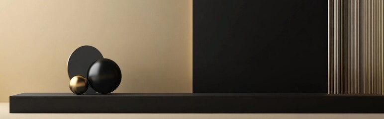 Poster - Minimalist black and gold empty display featuring abstract geometric shapes Side perspective view 3D rendering mockup