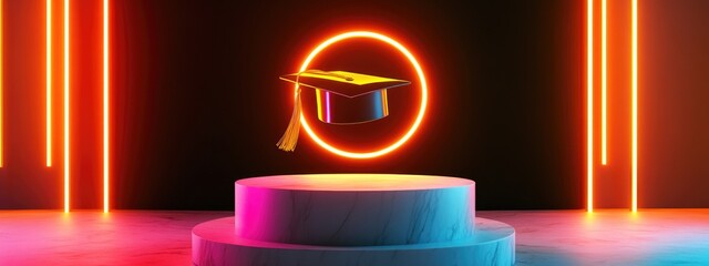Poster - Gold glossy icon representing a graduate on a white marble podium Contemporary symbol for web social media presentations and design template elements 3D rendering
