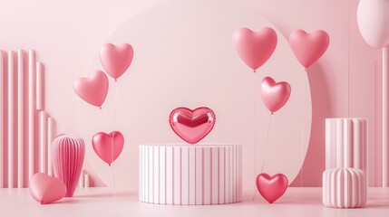 Poster - Pink and white cylindrical product display featuring a Valentine s Day theme heart shaped balloons and a pedestal crafted in 3D rendering