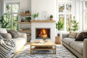 Wall Mural - Stylish Scandinavian living room with white corner sofa and fireplace.