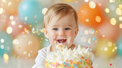 Baby's first birthday celebration with cake and balloons