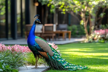 Wall Mural - A Peacock with Its Tail Feathers Spreads Out on Green Grass