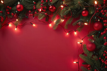 horizontal image of glowing christmas garland decoration framing a red neutral background, mockup space