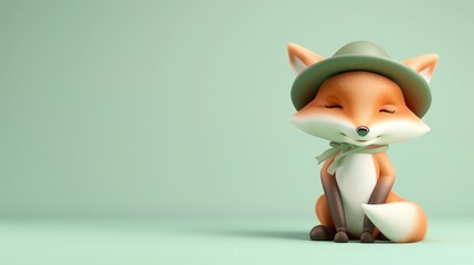 A cartoon fox is wearing a green hat and sitting in front of a light green background.