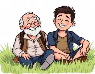 cartoon illustration of a man and a man sitting on the grass.