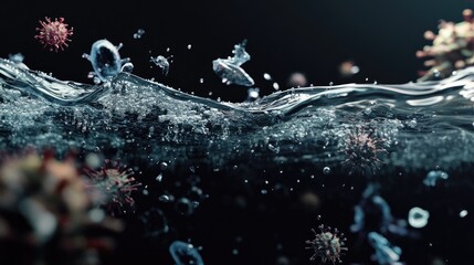 A visual representation of germs and microorganisms contaminating dirty water, set against a stark black background. The scene conveys a health hazard