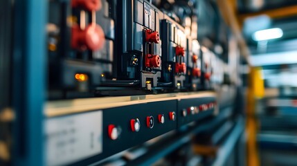 Wall Mural - A close up of a row of electrical switches and buttons. The switches and buttons are all connected to a power source