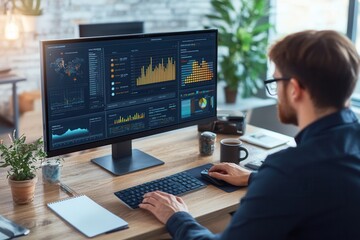 Fototapete - A focused professional studies intricate data displayed on a large monitor, surrounded by tools for writing and analysis in a tidy workspace. Generative AI