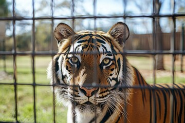 Sticker - Close-up of a Tiger's Face Through a Cage