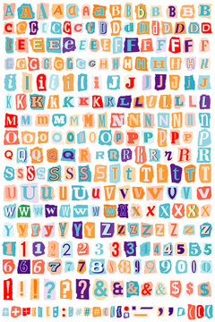 Ransom Letters Cut Out cute pastel colorful alphabet. Collage Cutout Torn Paper Vector Blackmail Ransom Kidnapper Anonymous Note Font. Letters, Numbers and punctuation marks. Criminal ransom notes