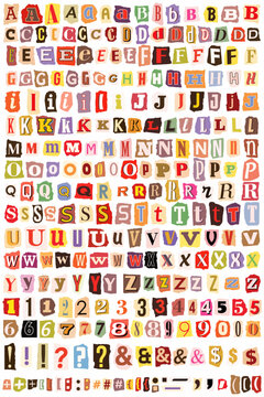 Ransom Letters Notes Cut Out Paper Collage Style Colorful Design Elements torn vector alphabet. Cutout Blackmail Kidnapper Anonymous Criminal Note Font. English Letters, Numbers and punctuation marks