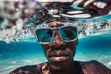 Wall Mural - AI generated photo of man wearing summer glasses taking selfie picture on summer vacation day