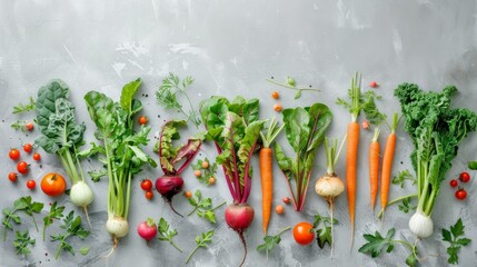 Wall Mural - A colorful arrangement of fresh vegetables and greens, showcasing vibrant colors and textures. Ideal for healthy living. Perfect for food blogs or nutrition websites. AI