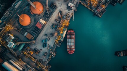 Aerial view of an industrial port with a cargo ship, storage tanks, and machinery, highlighting transport and logistics.