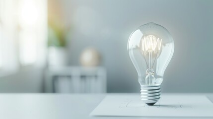 Illuminated light bulb on a desk, symbolizing innovation and creativity, with soft natural light filtering through a window in a contemporary workspace.