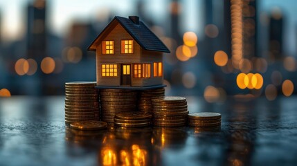 miniature house balancing on stack of coins blurred cityscape background concept of property investment and financial growth