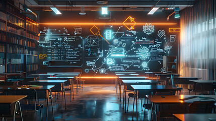 Poster - futuristic school classroom with augmented reality projected in a electronic blackboard, generative 