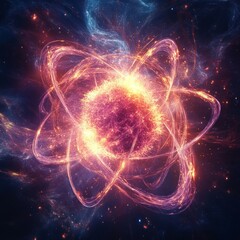 Wall Mural - Abstract depiction of an atom with swirling energy and a bright core.