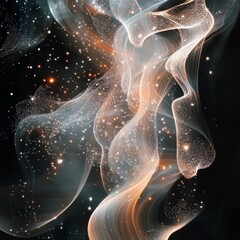 Poster - Abstract digital art featuring swirling, translucent, white and orange smoke on a black background with scattered light.