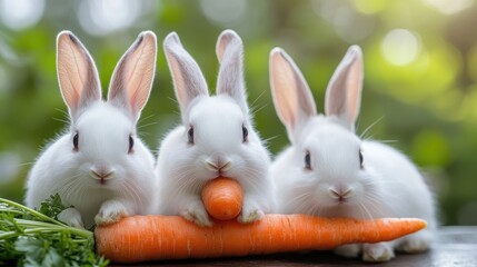 Three adorable white rabbits eating a big carrot