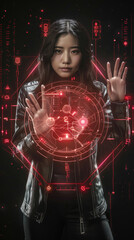 Wall Mural - A young woman uses her hands to manipulate a dynamic holographic interface in a dark, technological setting, demonstrating advanced capabilities