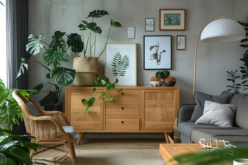 Light wood sideboard with three drawers and two doors, surrounded by Scandinavian decor including a gray sofa, black armchair, white table lamp, wicker chair, framed pictures, and plants,