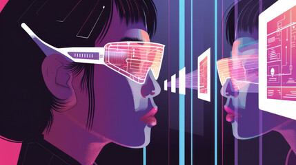 Wall Mural - A woman wearing innovative glasses engages with glowing digital displays, showcasing advanced technology and a lively atmosphere