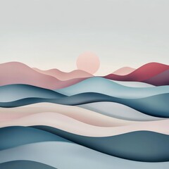 Canvas Print - Abstract minimalist landscape with pink sun setting behind blue mountains.