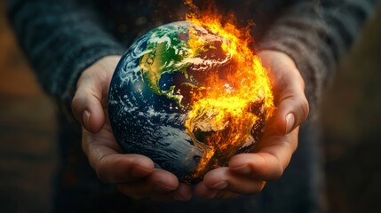 hands holding a burning earth, representing the urgent and devastating effects of global warming and
