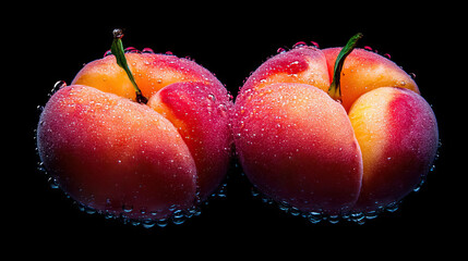 close up two peaches surrounded by tiny soda bubbles on a black background.