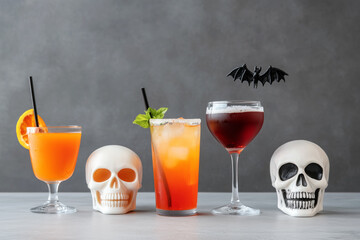 Variety of Halloween-themed cocktails served in skull-shaped and traditional glasses on concrete background.