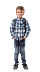 Wall Mural - Smiling boy with backpack ready for school isolated