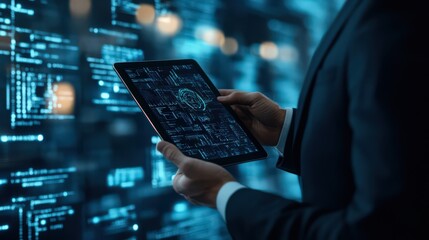 Poster - A businessman employs a digital tablet to access blockchain technology and data encryption tools